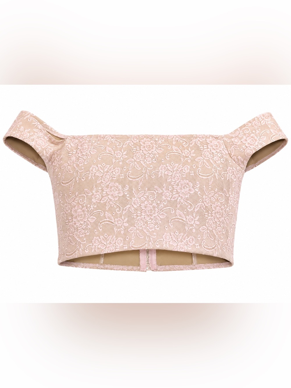 G by GUESS PINK AND BEIGE LACE EFFECT BARDOT NECKLINE CROP TOP